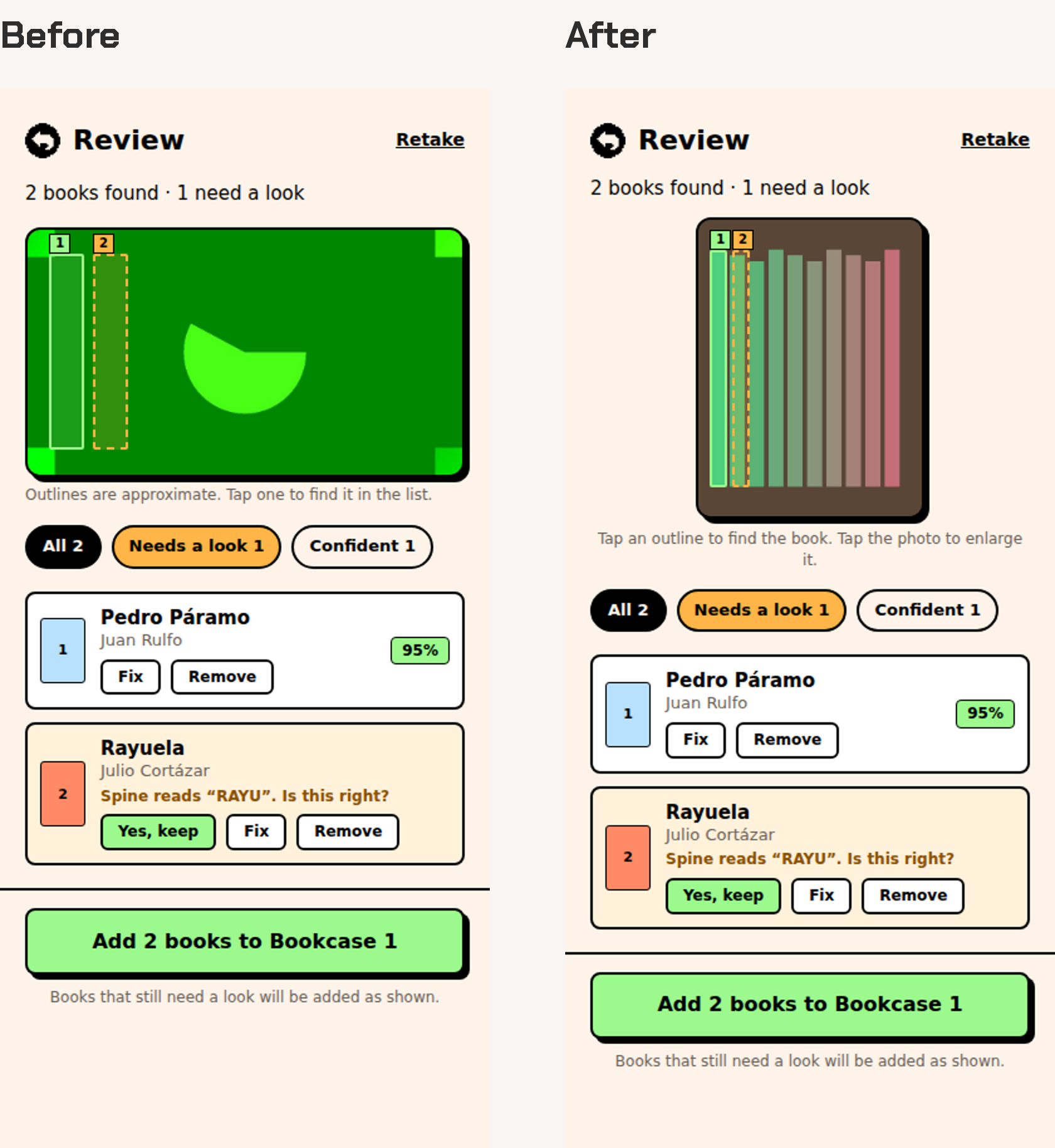 Before and after of the review screen: before, the photo fills the screen and hides the list; after, a shorter photo lets the filters and first books show immediately