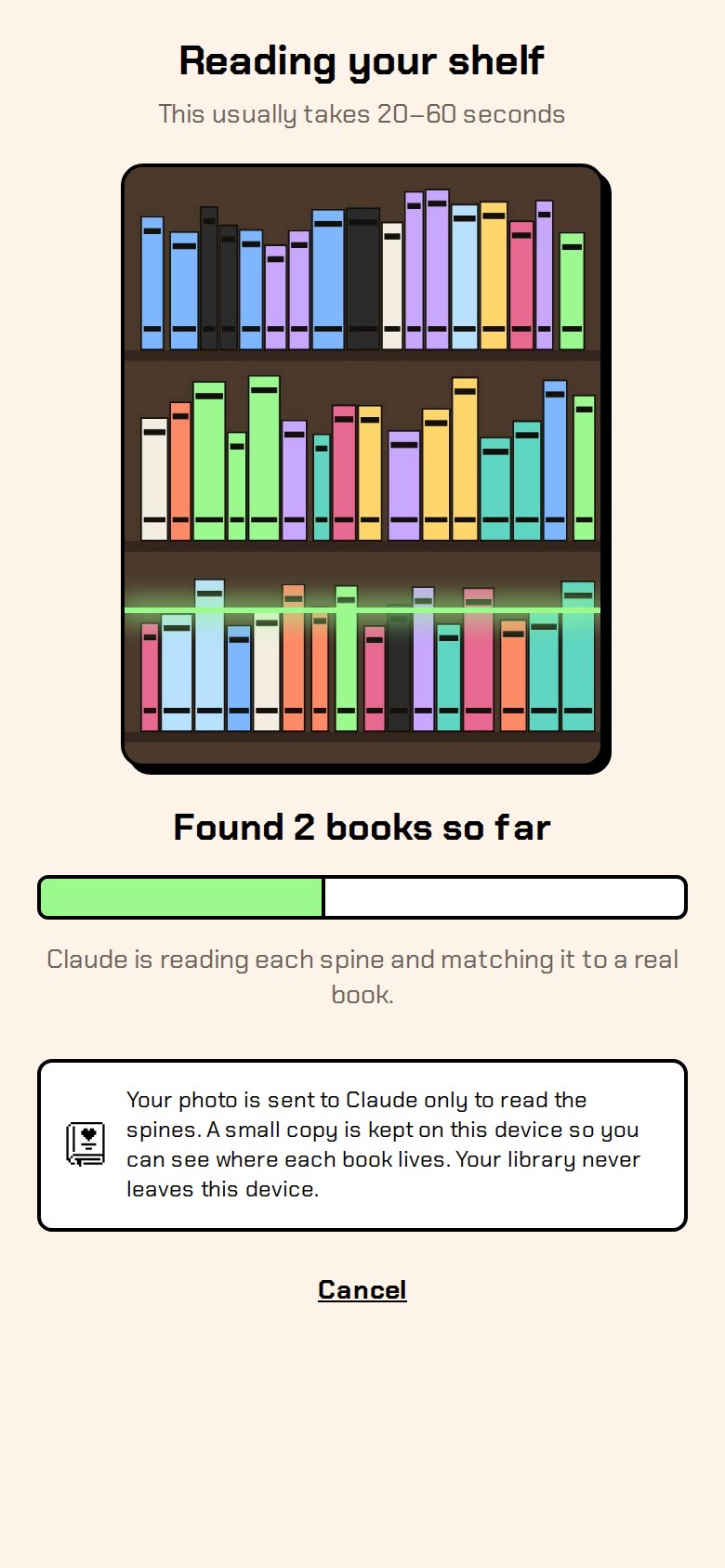 Detecting screen: the shelf photo with a lime scan line, a live count of books found so far, and a privacy note