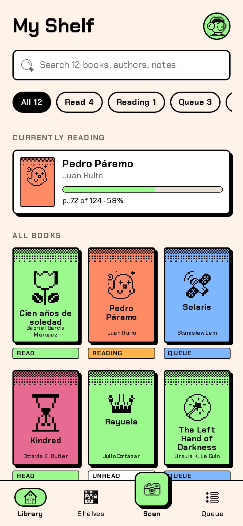 Library: search, status filters, the book currently being read, and a grid of pixel covers