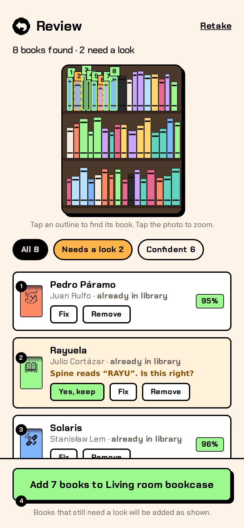 Review screen: the shelf photo with numbered outlines, filters for all, needs a look and confident, and a list of detected books with actions