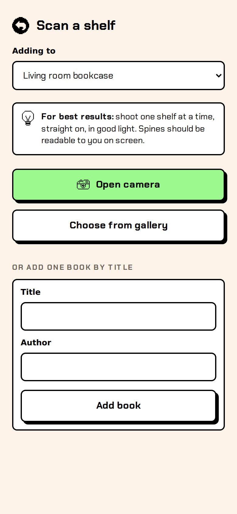 Scan setup: choose which bookcase you're adding to, tips for a good photo, and buttons to open the camera or choose from the gallery
